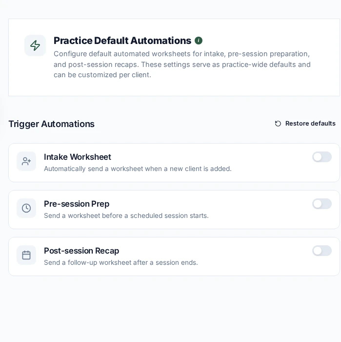 Actual intake, pre-session and post-session automation settings