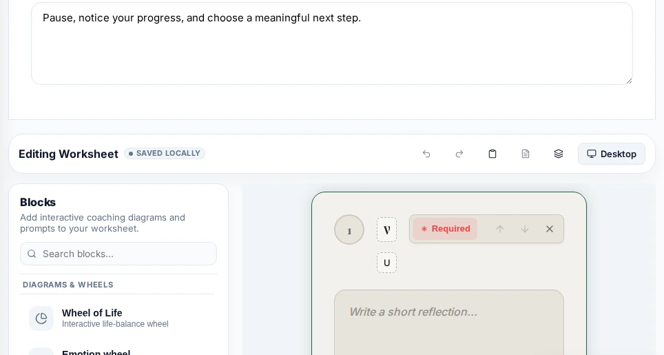 Actual worksheet editor with its block library and editable canvas