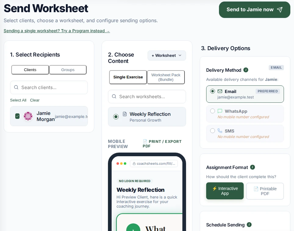 Actual Send Worksheet screen with client selection, content and delivery options