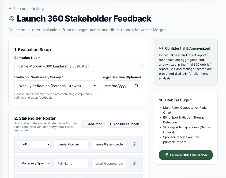 The 360 feedback setup screen with evaluator roles and questionnaire selection