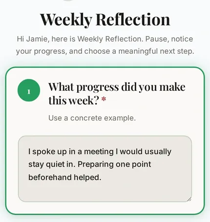 Actual CoachSheets reflection with a complete sample question and client response