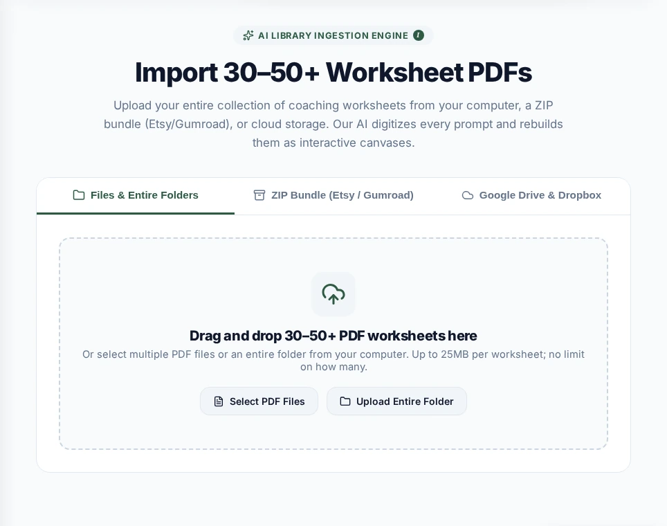 The PDF import screen with file, ZIP, Google Drive and Dropbox options