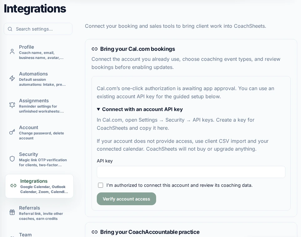 The actual integrations settings with guided connection controls