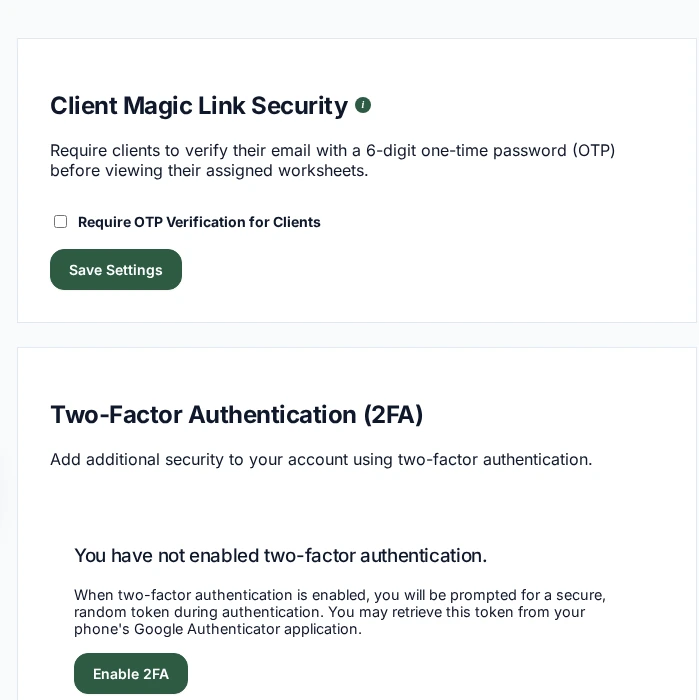 Client magic-link verification and two-factor authentication settings