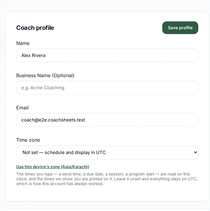 Coach profile settings in the actual app
