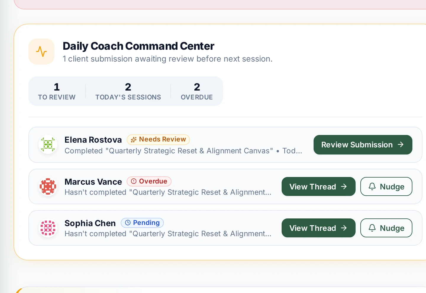 The daily coaching queue showing review and follow-up actions