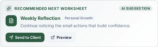 The actual next worksheet recommendation card populated with sample data