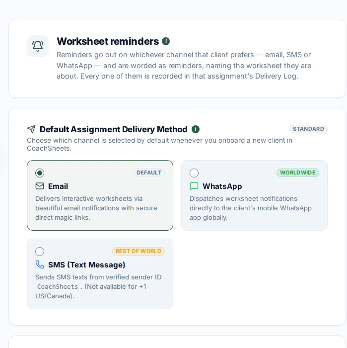 The worksheet reminder and default delivery settings
