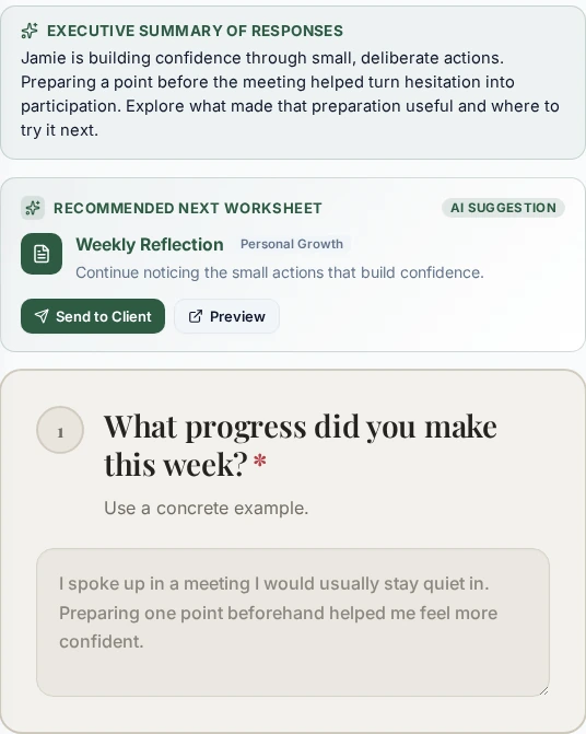 Actual worksheet review with a sample AI summary and next worksheet recommendation
