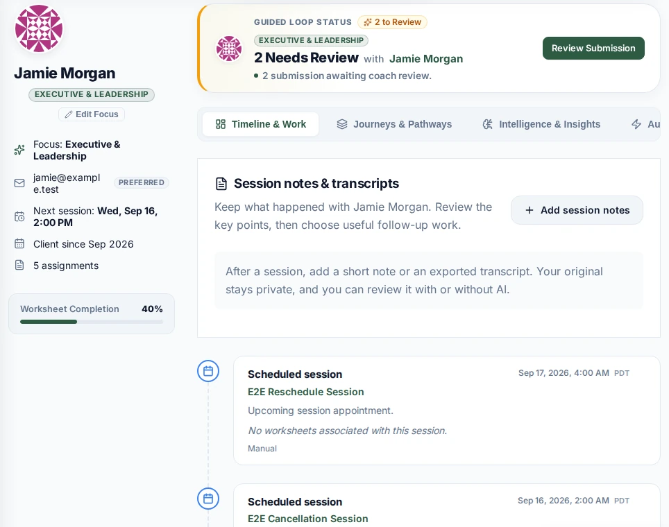 Actual sample client profile with timeline and worksheet review actions